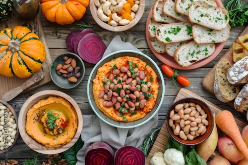 Vegetarian spread with pumpkin beets hummus beans and mushroom pate veggies nuts bread on wooden table top view