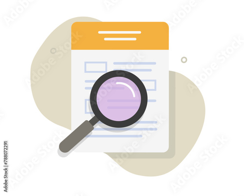Analyzing tax form review icon flat vector graphic, audit inspect quiz statement document report, access research paper sheet application data illustration, investigate via magnifier glass image