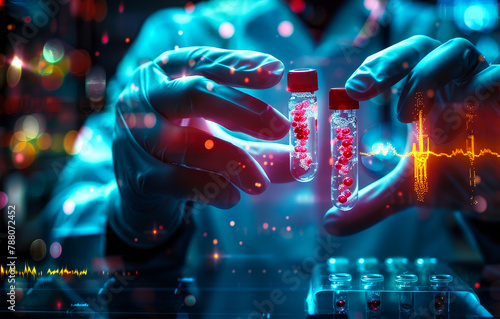 Scientist Medical Research Biotechnology Hologram - Female Lab Coat Holding Test Tubes Blood Cells DNA Genome Sequencing Pharmaceutical Drug Virus Cure Development