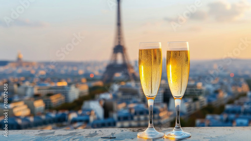two glasses of champagne at rooftop restaurant with view of Eiffel Tower and Paris skyline