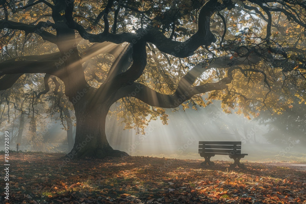 Fototapeta premium View of bench under old oak trees in misty autumn morning with sunlight filtering through foliage