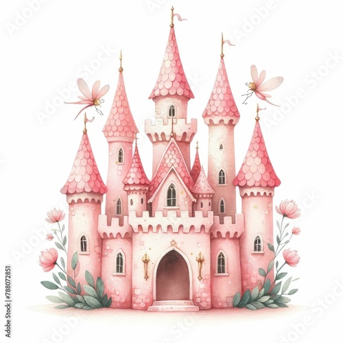 A pink castle with flowers