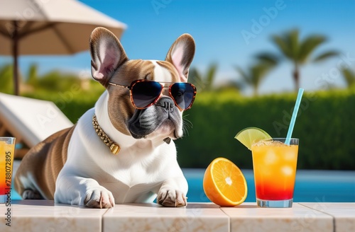 A French bulldog in sunglasses lies on the beach. Nearby there is a cocktail, palm trees, the ocean. Vacation. Atmospheric. He's happy on vacation. Beach relaxation. © Ольга Деревяженкова