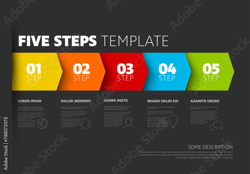 Progress five steps infographic template with dark background
