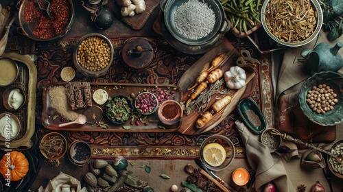 flat lay food table with dishes from the Far East, 16:9 photo