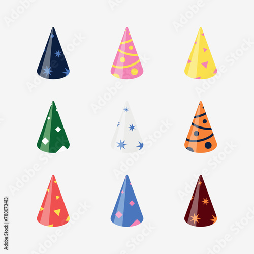 A set of nine celebratory hats. Simple vector images