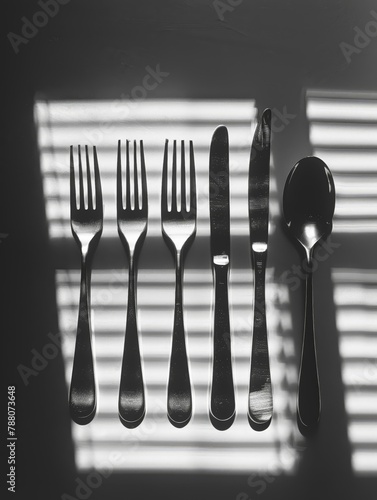 A commercialquality photograph captures the serene beauty of stainless steel cutlery arranged meticulously beside a window, illuminated by soft light,  photo