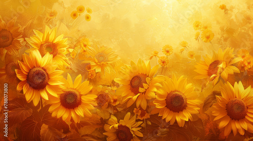 Oil painting technique showcasing vibrant sunflowers on a textured background #788073800