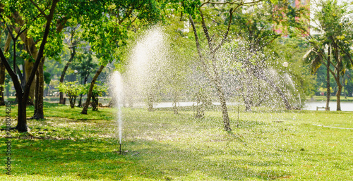 Water sprinkler system in action, watering green grass in a park with sunlight filtering through trees. © InfinitePhoto