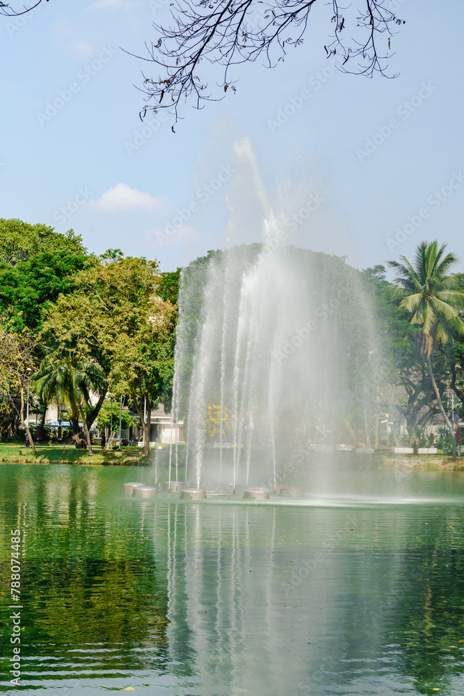 Fountain Spraying Water in Tropical Park Lake.