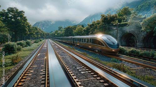A high-tech railway track amidst a green landscape. The train features sleek design, advanced technology, and eco-friendly features. Generative AI.