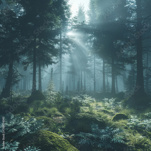 Mystical sunlight streaming through a foggy Bavarian Forest in Germany