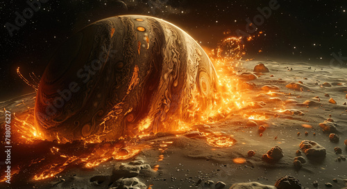 A close up Jupiter planet, showing big whole inside its view with an exploding core and lava flowing from within. The background is black plain, with stars visible in deep blackness. Generative AI.