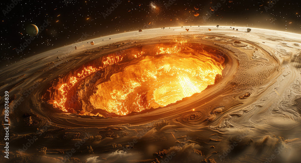 A close up Jupiter planet, showing big whole inside its view with an exploding core and lava flowing from within. The background is black plain, with stars visible in deep blackness. Generative AI. A close up Jupiter planet, showing big whole inside its view with an exploding core and lava flowing from within. The background is black plain, with stars visible in deep blackness. Generative AI.