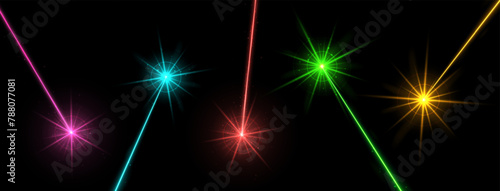 Glowing lasers, multicolored laser beams isolated on black. Vector light effect.