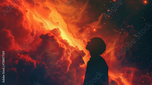 Fantasy, galaxy and silhouette of person on orange background for ethereal or spiritual faith. Cosmic, sky and universe with dark figure in prayer to God for magic miracle on surreal nebula or stars