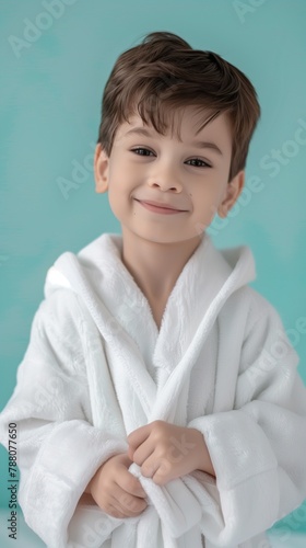 Little handsome boy wearing bathrobe after take a shower