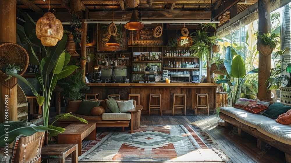 Interior design, open beach bar, Vintage, greenery cover the walls, jungle vibes from plants and wood accents. Generative AI.