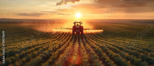 Sunset Symphony Over Spraying Soybeans. Concept Landscapes, Agriculture, Nature, Farming