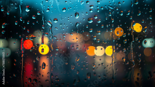 A blurry image of raindrops on a window with a cityscape in the background