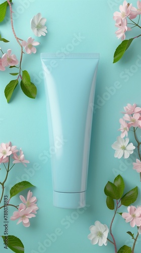 Skincare blue bottle tube liquid treatment lotion or facial wash mockup