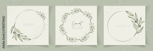 Botanical line art illustration set of olive leaves, branch frames for wedding invitation and cards, logo design, web, social media and posters template. Elegant minimal style floral vector isolated.