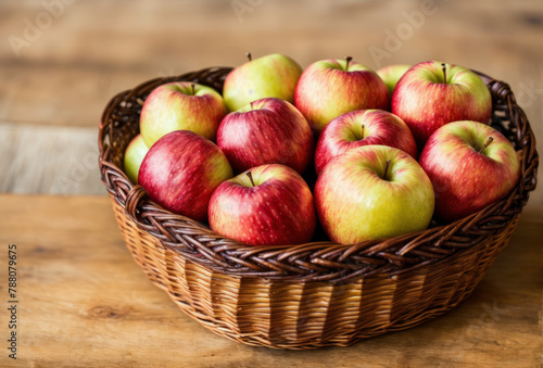 Nestled in a woven basket, autumn apples shine with a crisp allure, their juicy flesh and vibrant hues embodying the essence of the bountiful harvest season.. AI generated.