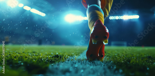 Close-up Legs of a football player on a football field in the light of floodlights during a football match game
 photo