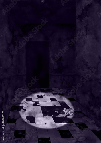 懐中電灯で照らされた古い廃墟の崩れた暗い廊下紫