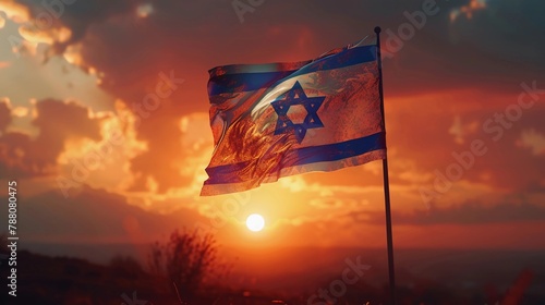 Vibrant flag of Israel waving against a dramatic sunset. Yom HaZikaron, Israeli Independence Day, Memorial Day for Fallen Soldiers and Victims of Terrorism. AI Generated photo