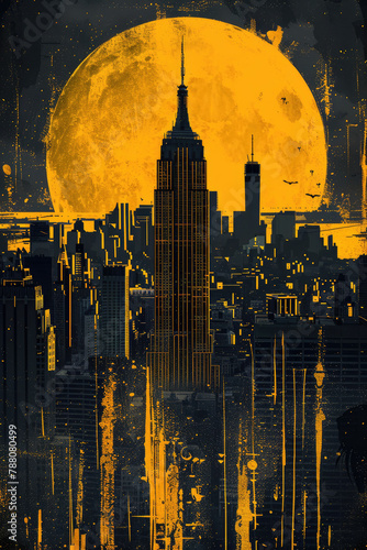 Golden Noir Cityscape with Iconic Skyscrapers and Dripping Paint Effect