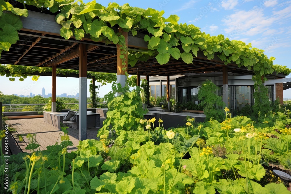 Fototapeta premium Sustainable Oasis: Lush Green Rooftop Garden with Native Plants and Seating Areas