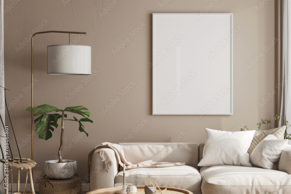 Fototapeta premium Beige Scandinavian Interior with Poster Mockup created with Generative AI