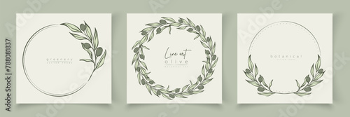 Botanical line art illustration set of olive leaves, branch frames for wedding invitation and cards, logo design, web, social media and posters template. Elegant minimal style floral vector isolated.