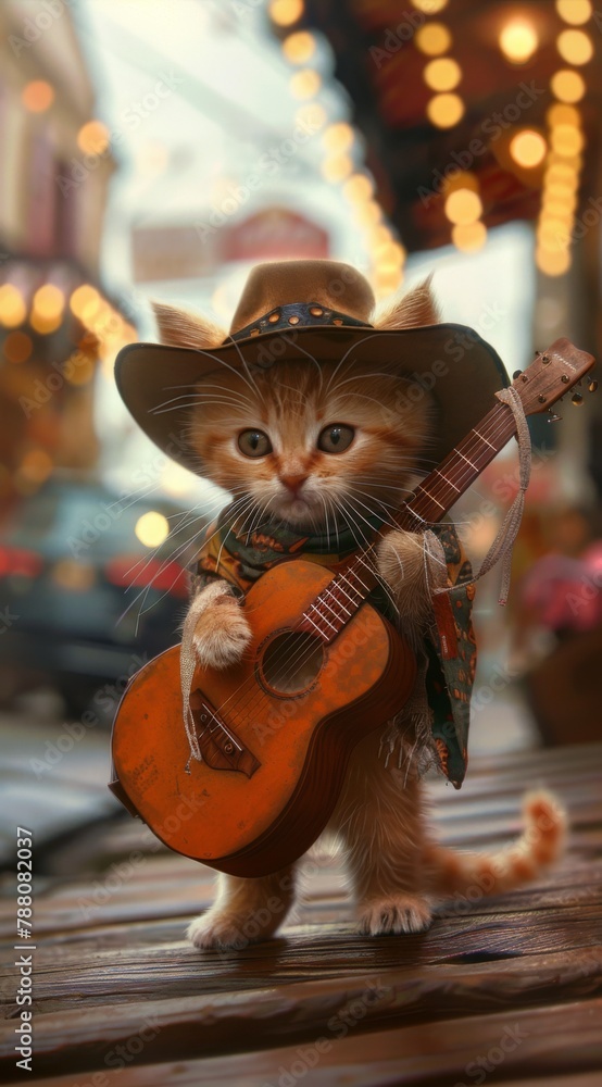 A cute kitten dressed as a cowboy, playing the guitar in front of a music store, street photography, anthropomorphic animals, photorealistic techniques, warm tones, colorful costumes, 