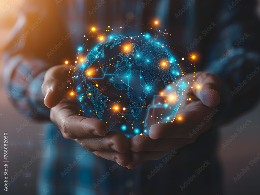 Business Success: Hand holding globe with icon and network sphere, symbolizing global business and technology networking Business Success: Hand holding globe with icon and network sphere, symbolizing global business and technology networking