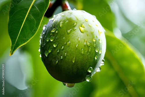 micro shot close up of a fresh mango fruit hanged on tree with water drops dew as wide banner with copy space area.