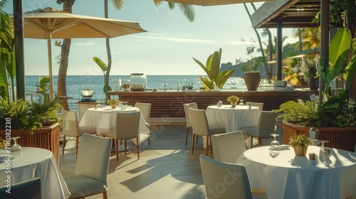 A table in a luxury outdoor restaurant on white cloth tables near the sea coast and a bar counter for serving drinks. Generative AI.