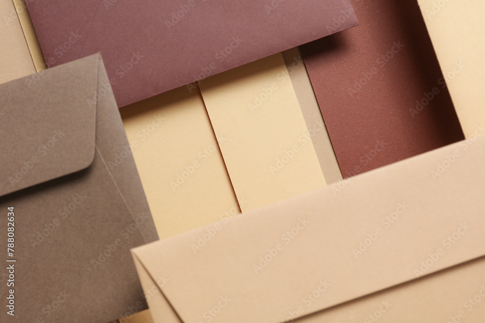 Set of floating envelopes and cards on beige background. Invitations, corporate identification. Creative layout Set of floating envelopes and cards on beige background. Invitations, corporate identification. Creative layout