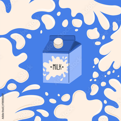 A package of milk surrounded by flashes and blots. World Milk Day. Background for farmers and grocery stores. Vector illustration isolated on blue background.