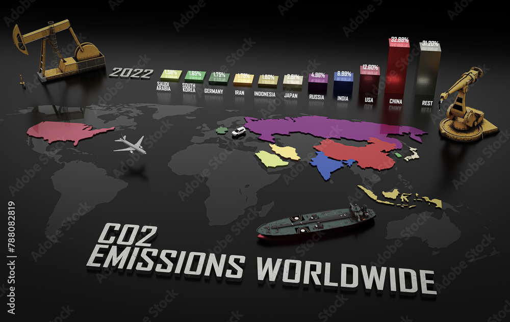 Obraz premium Visualizing Global CO2 Emissions: Top 10 Countries Impacting Our Climate - 3D Illustration