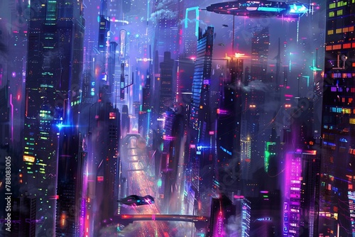 A sleek and futuristic cityscape with towering skyscrapers, flying vehicles, and neon lights casting colorful reflections on the streets below