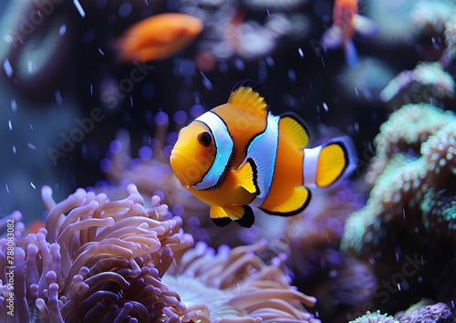 A colorful clownfish with orange stripes and a white body swims next to a vibrant sea anemone with pink tentacles.
