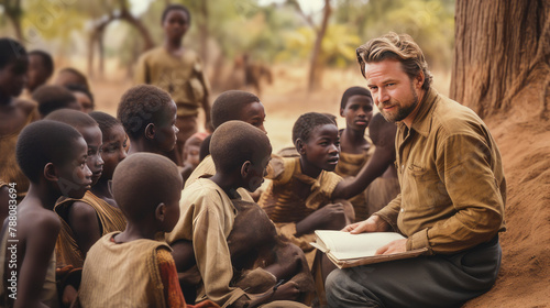 White Caucasian man teaching African children outdoors. photo