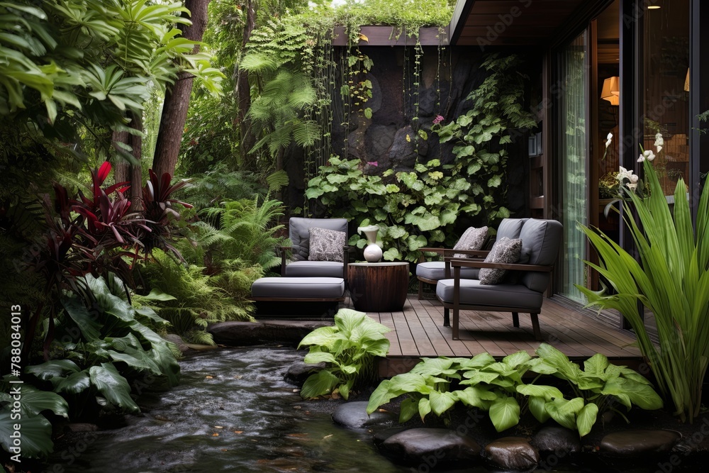 Tranquil Water Feature Vertical Garden Patio Designs: Lush and Serene