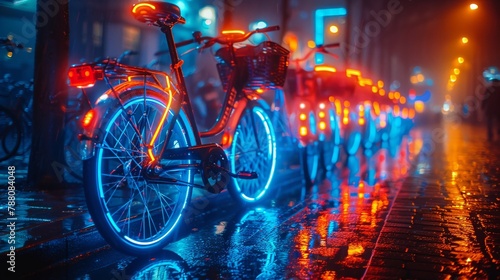 Futuristic city bikeshare programs, smart bikes, appcontrolled, promoting ecofriendly travel 