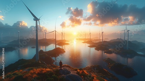 Futuristic renewable energy parks, harnessing wind, solar, and kinetic energy, sustainable power photo