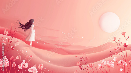 girl illustration on pink background , card, Copy Space, World Menstrual Hygiene Day On May, 28.  photo