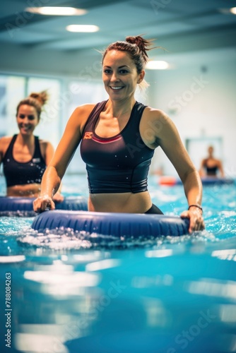 women doing aquagym in a swimming pool. generative ai