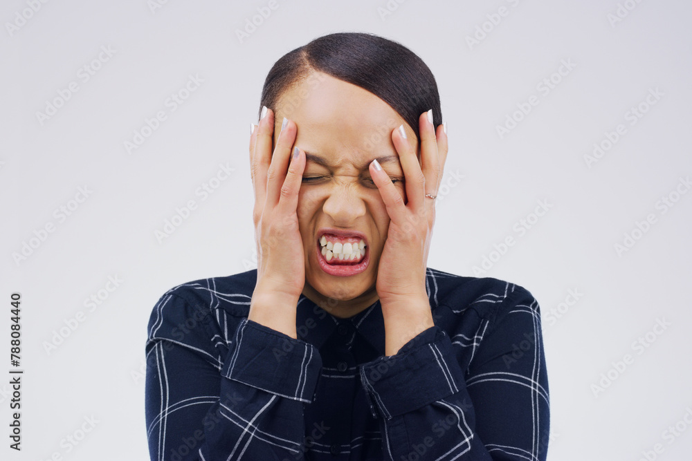 Stress, frustrated and woman in studio with mistake, fail or crisis for mental health problem. Worry, emotion and upset female person with tension, pressure or burnout for career by gray background.
